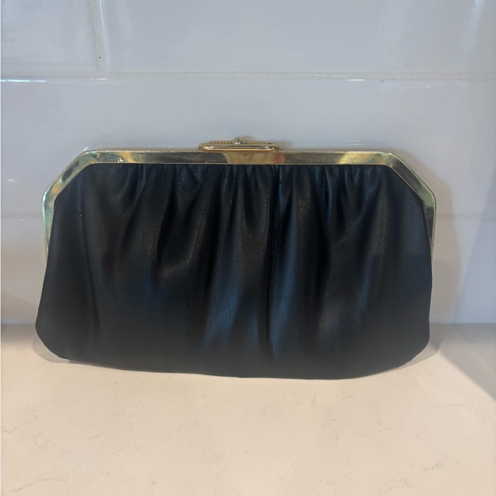 Vintage Black Leather Clutch with Gold Frame